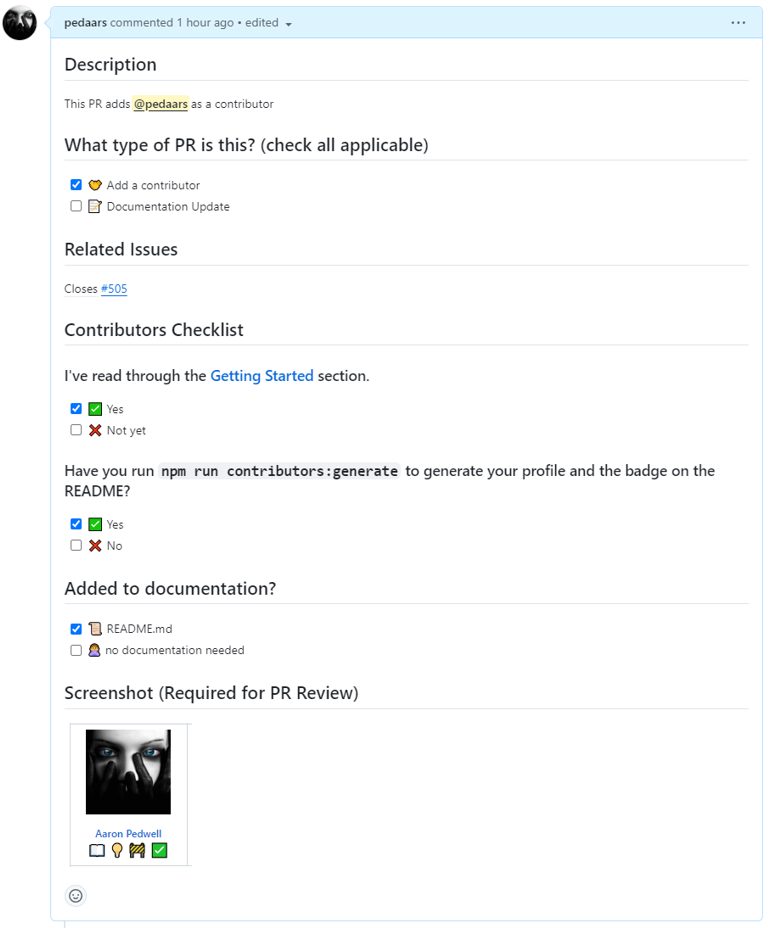 Completed pull request template on GitHub with all sections filled in, including description, related issue, and screenshot