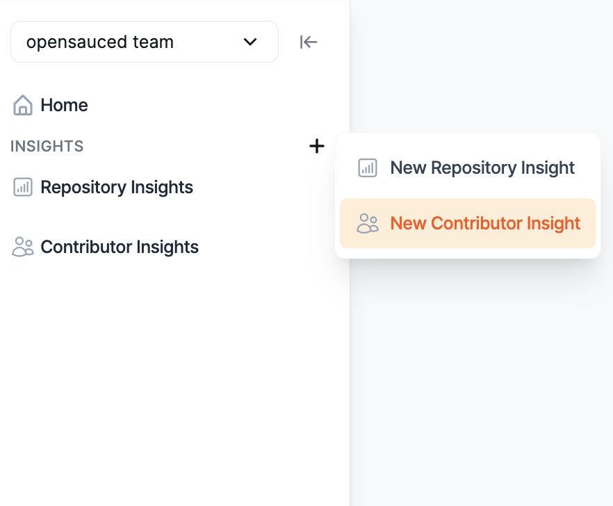 OpenSauced form for creating a new Contributor Insight Page with fields for name and contributor search