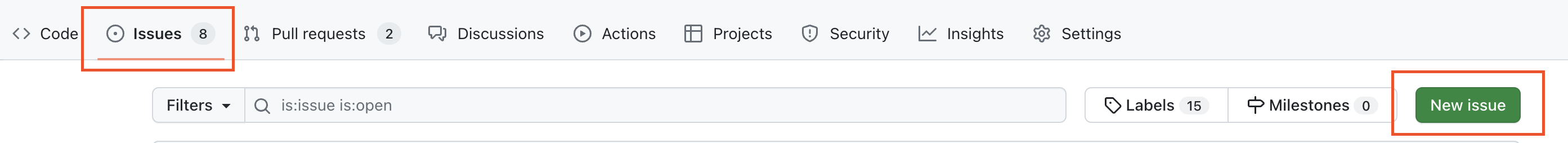 GitHub Issues tab showing the green New Issue button used to create a new issue in a repository