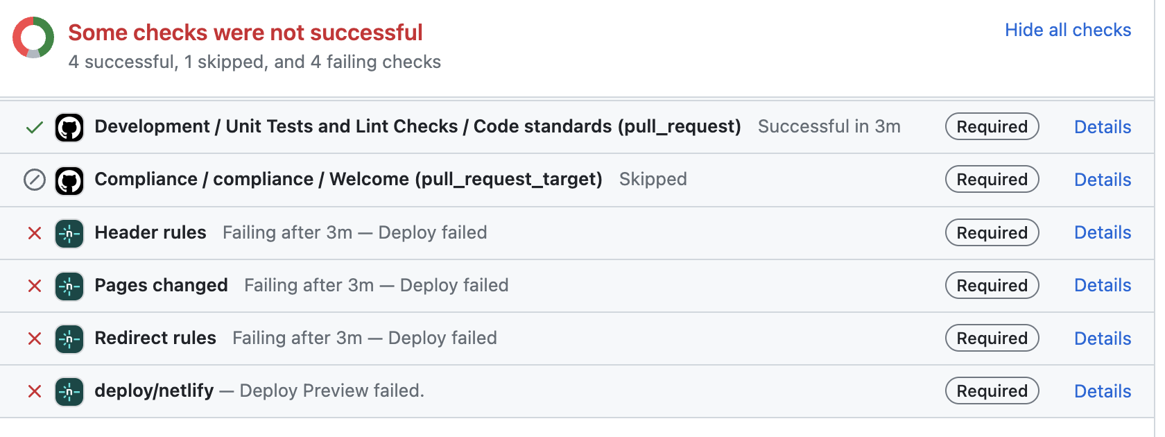 GitHub pull request showing failed automated test checks with red X marks indicating test failures