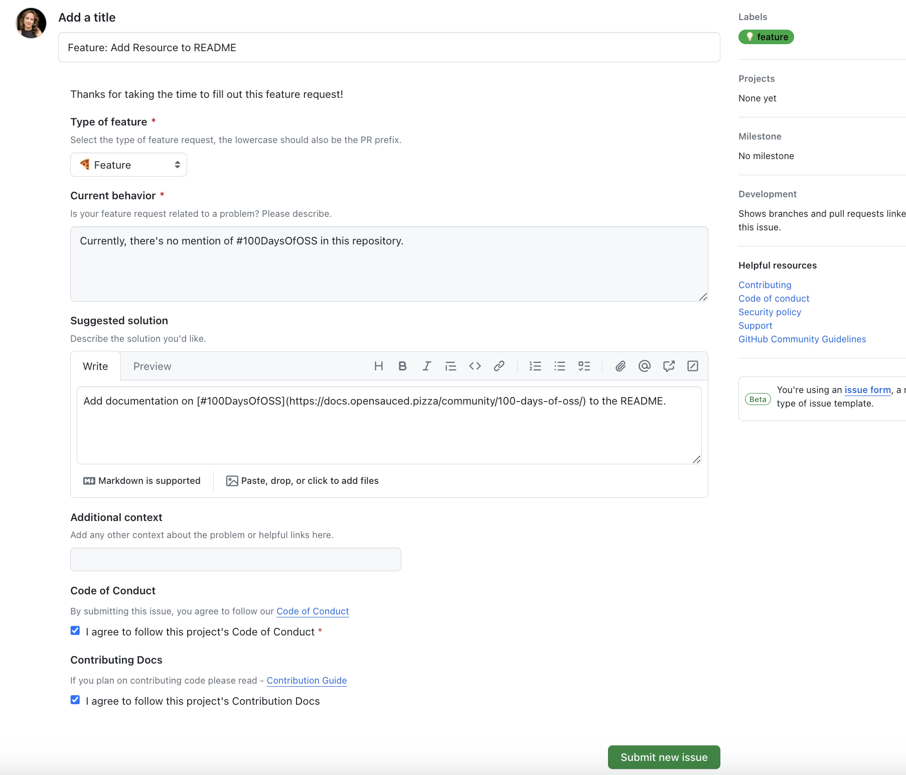 Completed feature request issue form on GitHub with type, current behavior, suggested solution, and code of conduct sections filled in