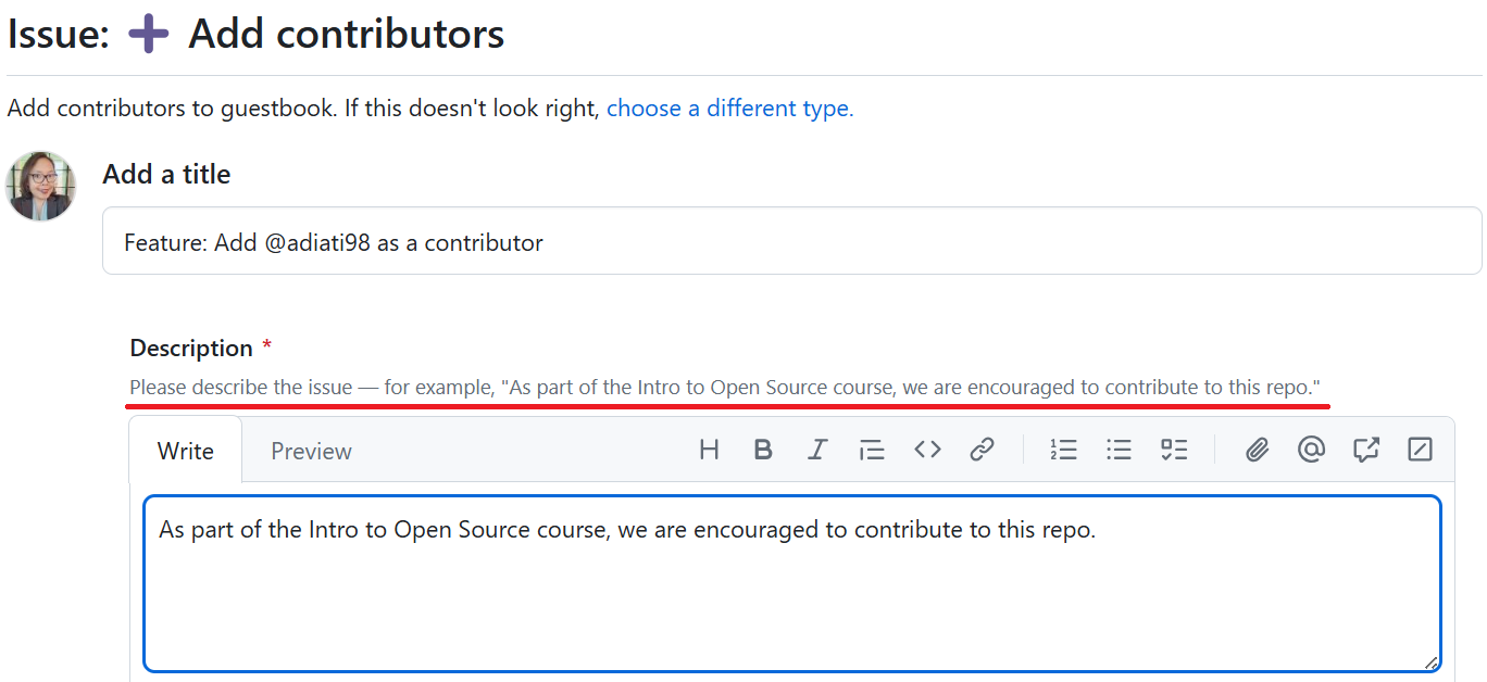 OpenSauced guestbook issue form with fields for contributor name, GitHub username, and contribution type