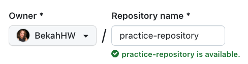 GitHub new repository creation form showing fields for owner, repository name, visibility options, and initialization settings