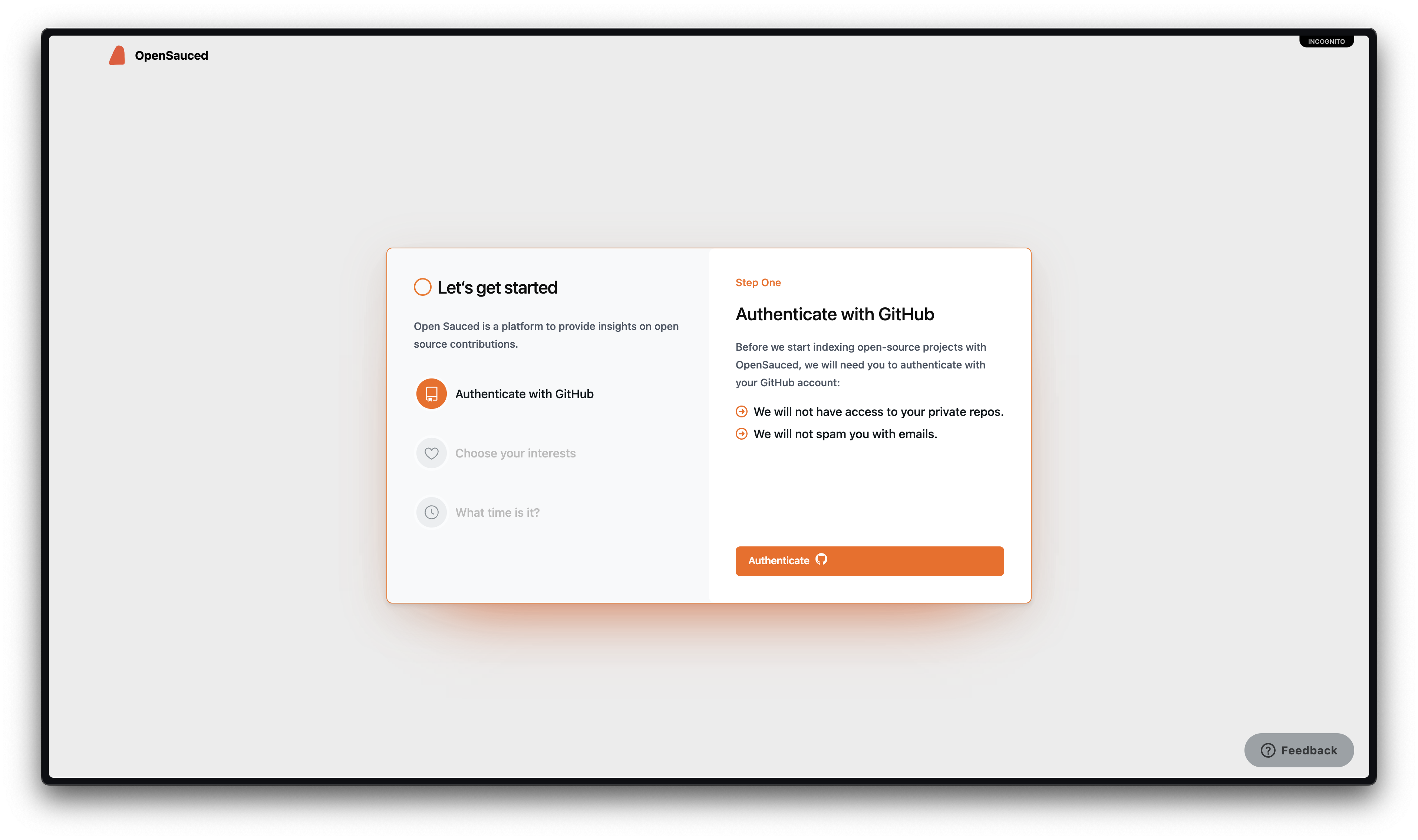 OpenSauced signup page showing the option to sign up with GitHub credentials