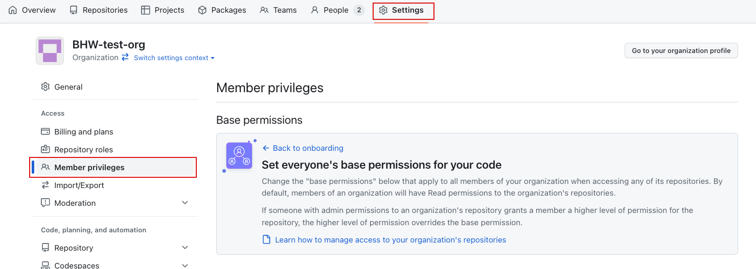 GitHub organization settings page showing repository permission levels including Read, Triage, Write, Maintain, and Admin options