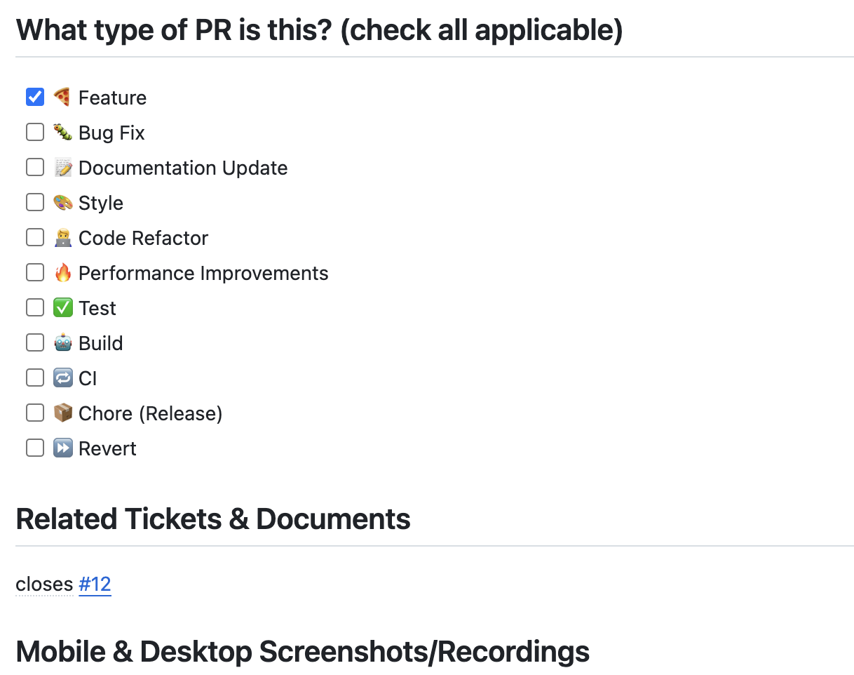 Example pull request template on GitHub showing sections for description, related tickets, screenshots, and QA steps