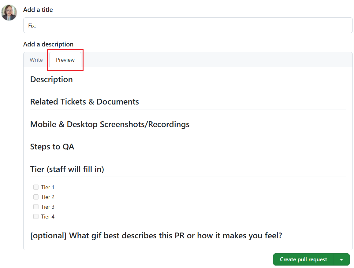 GitHub pull request template in preview mode showing rendered sections for description, related tickets, screenshots, and QA steps