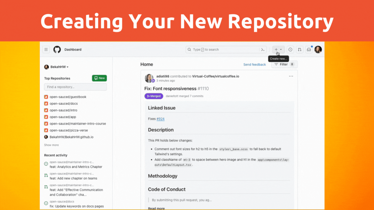 Animated walkthrough of creating a new GitHub repository, entering a name and description, and initializing with a README