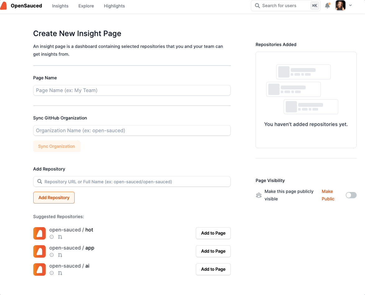 Animated walkthrough of syncing a GitHub organization and adding repositories to an OpenSauced Repository Insight Page